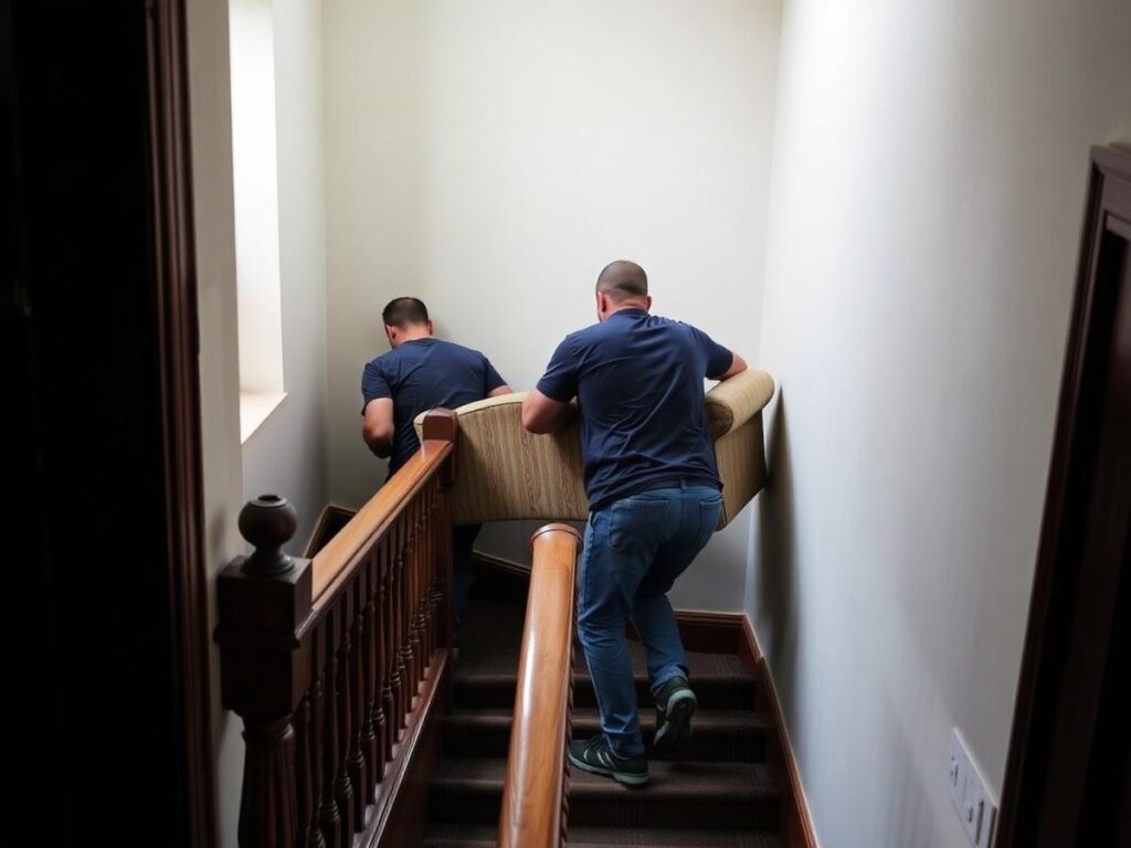 Umzugshelfer in Mühlhausen tragen Sofa durch Treppenhaus
